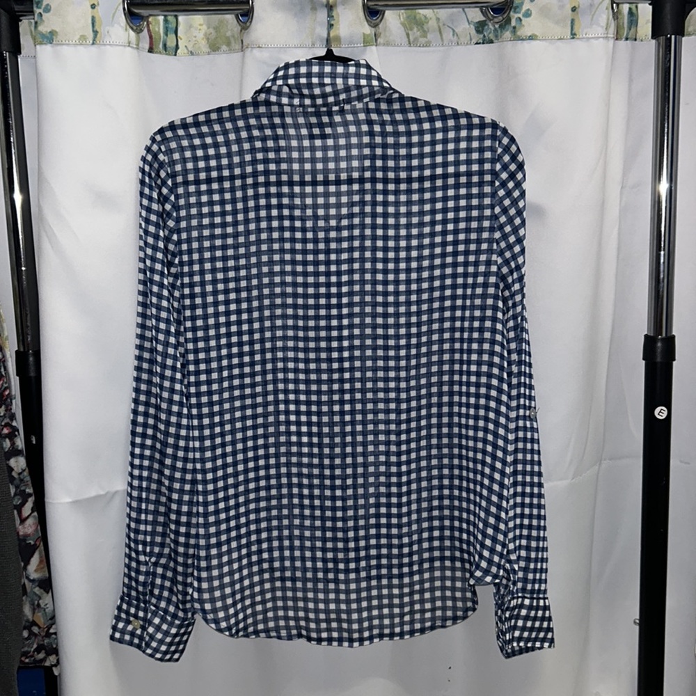 41- About A Girl Checkered Blue & White Buffalo Plaid LS Sheer Top Medium - Picture 9 of 10